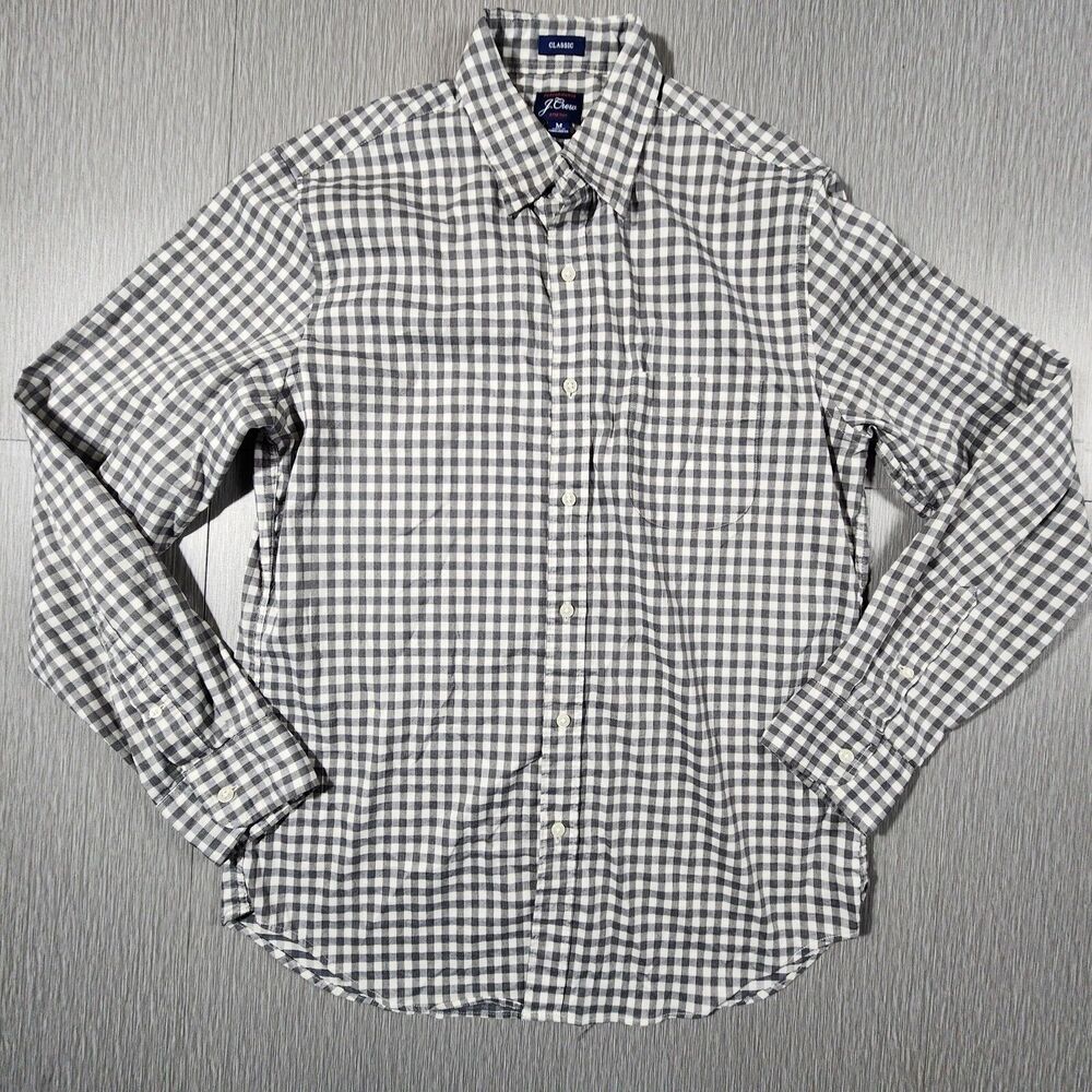J Crew Grey White Gingham Classic Button Down Long Sleeve Shirt Mens Medium